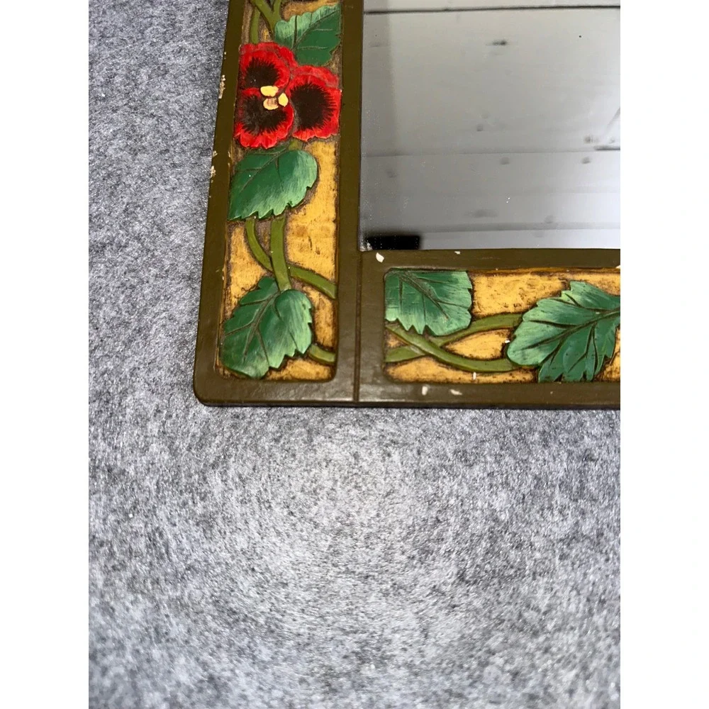 Vintage Hand Painted Pansy Hummingbird Floral Arched Wall Mirror Cottagecore